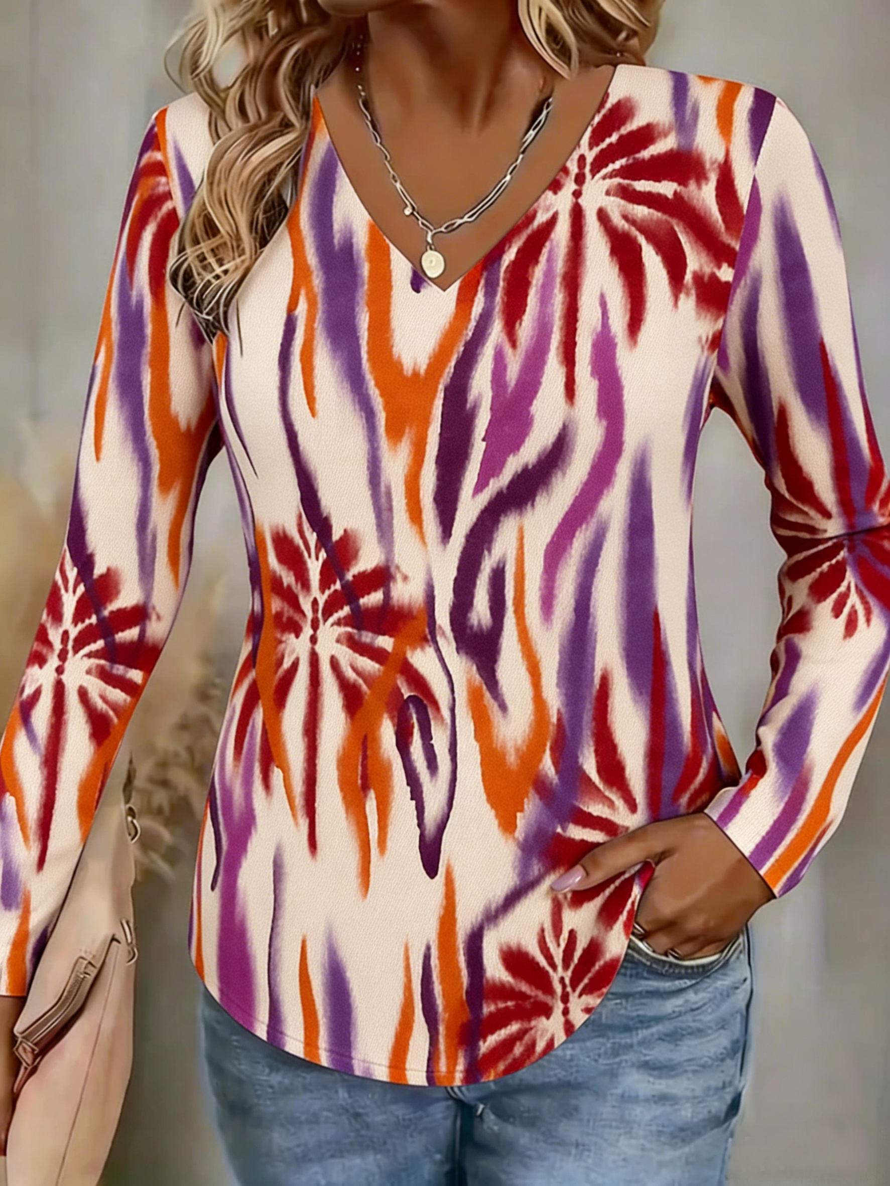 Casual Abstract V Neck Long Sleeve T-shirt