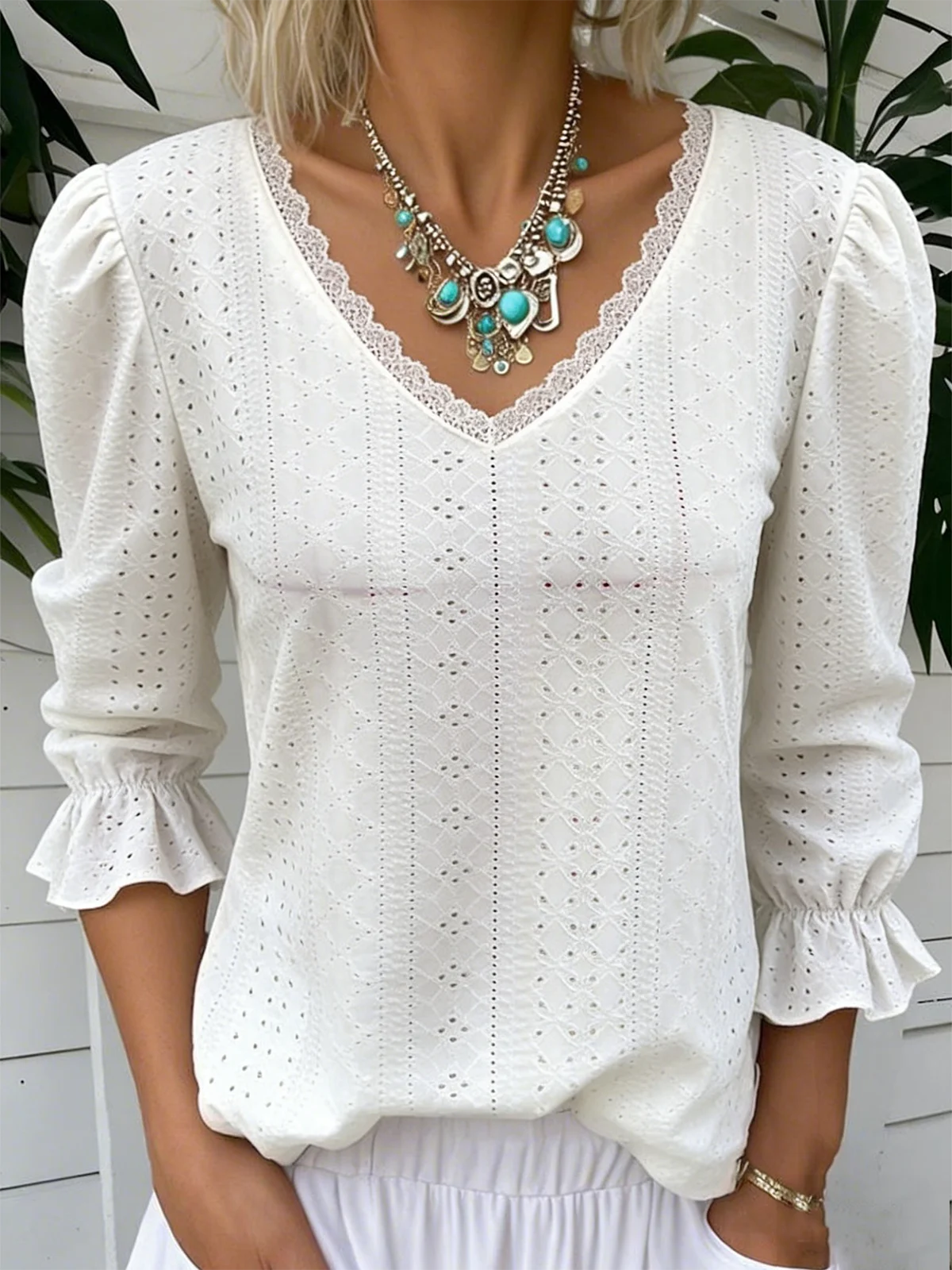 Elegant Plain V Neck Long Sleeve T-shirt