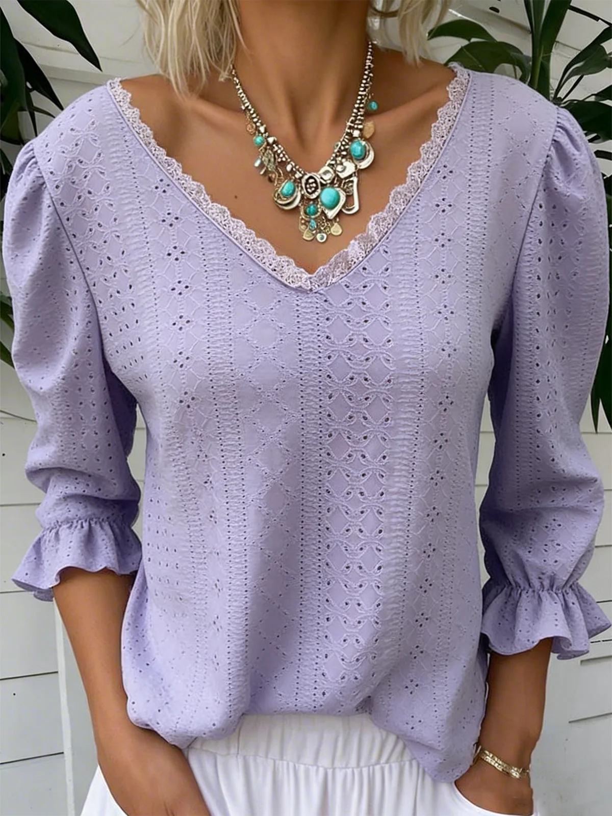 Elegant Plain V Neck Long Sleeve T-shirt