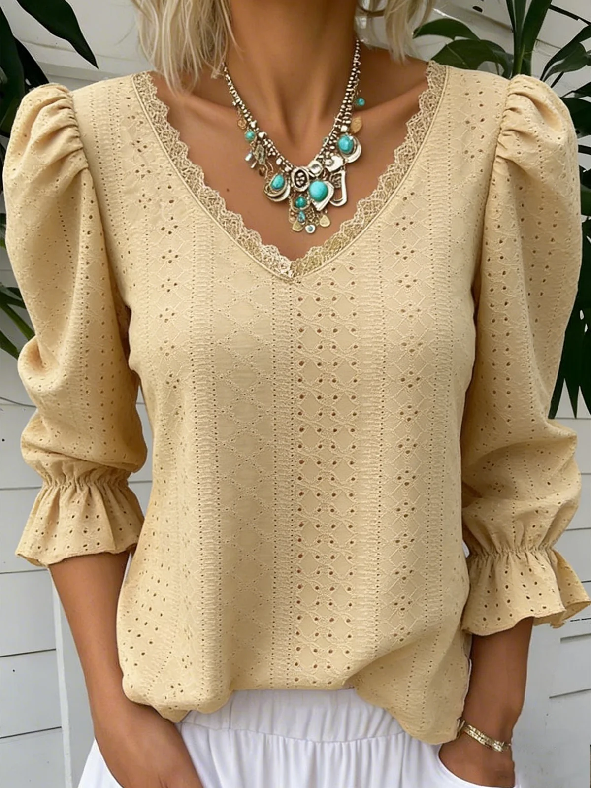 Elegant Plain V Neck Long Sleeve T-shirt