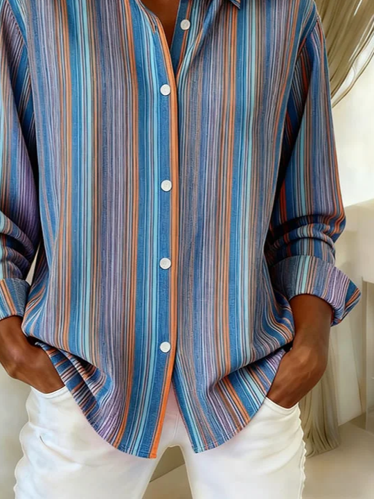 Shirt Collar Regular Sleeve Long Sleeve Striped Buckle Regular Loose Button Up Shirt Shirt For Women