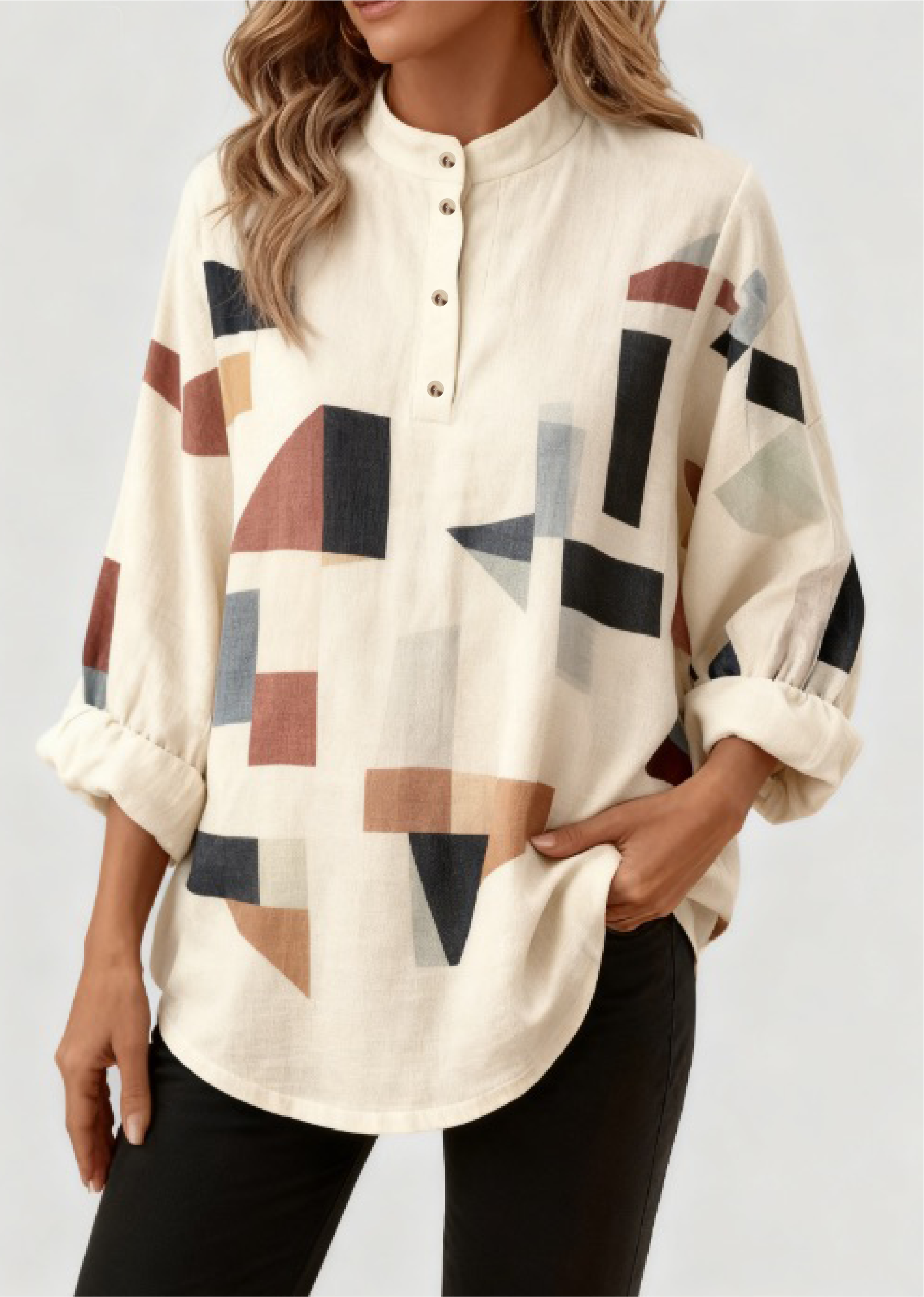 Stand Collar Long Sleeve Geometric Thicken Loose Blouse For Women