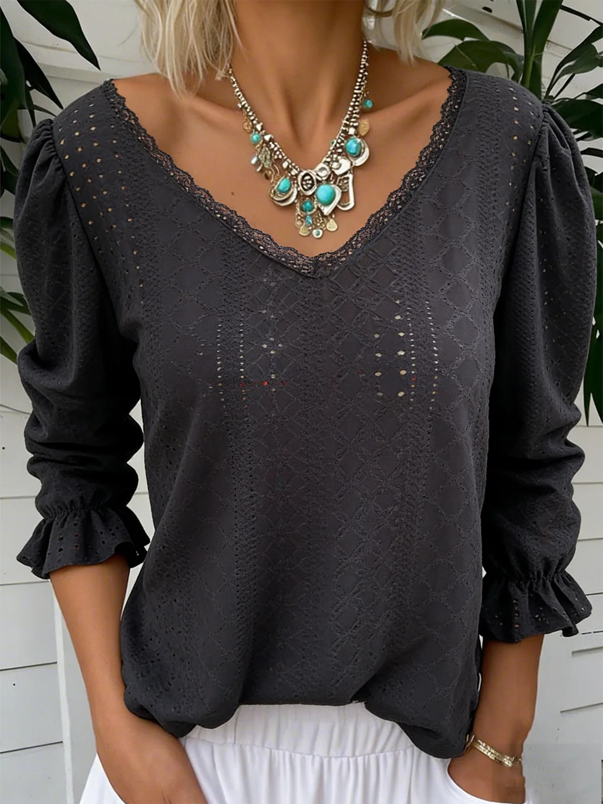 Elegant Plain V Neck Long Sleeve T-shirt