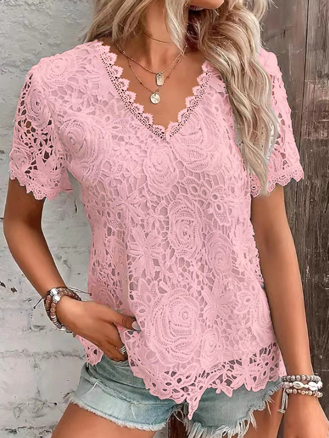 Elegant Lace V Neck Short Sleeve T-shirt