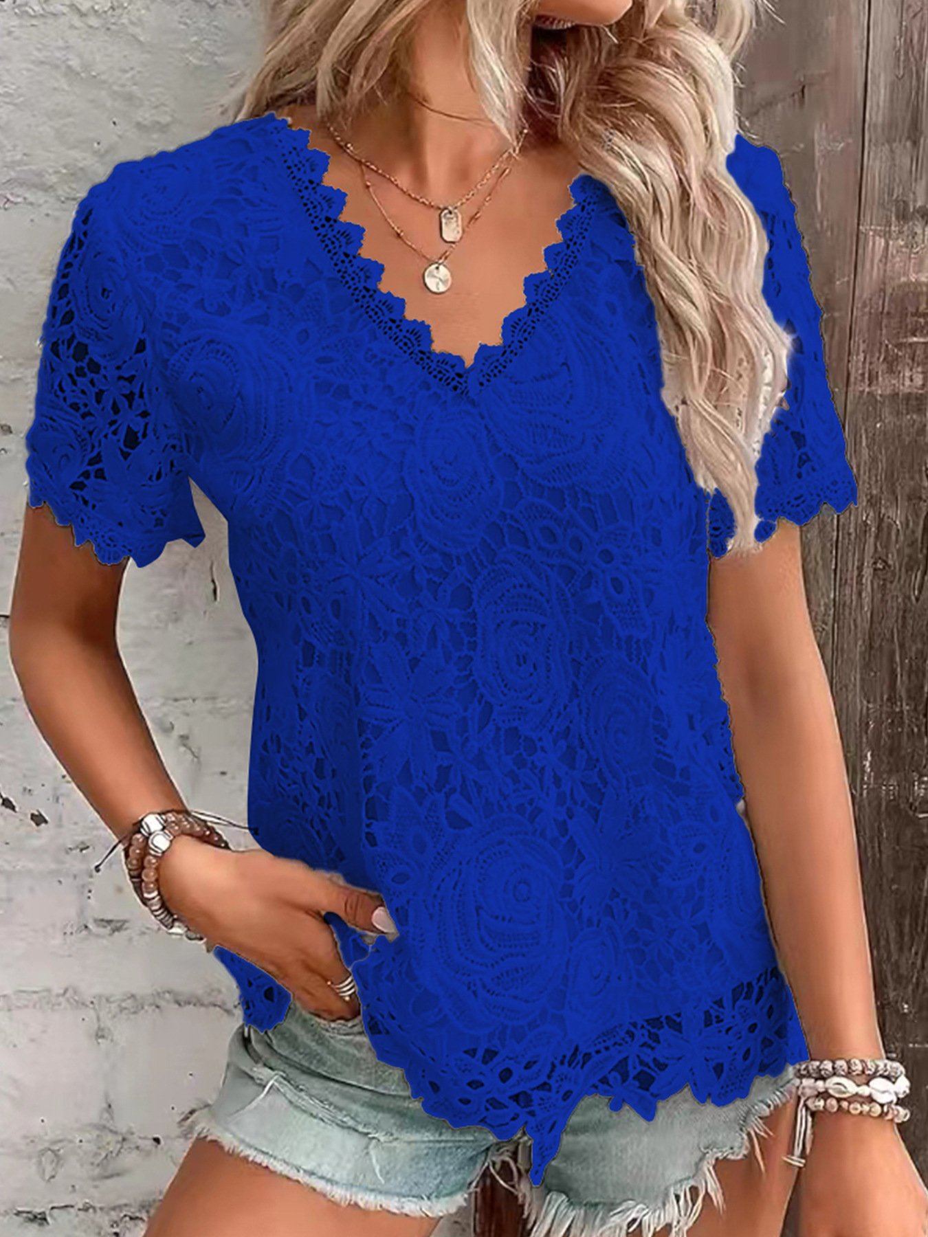 Elegant Lace V Neck Short Sleeve T-shirt