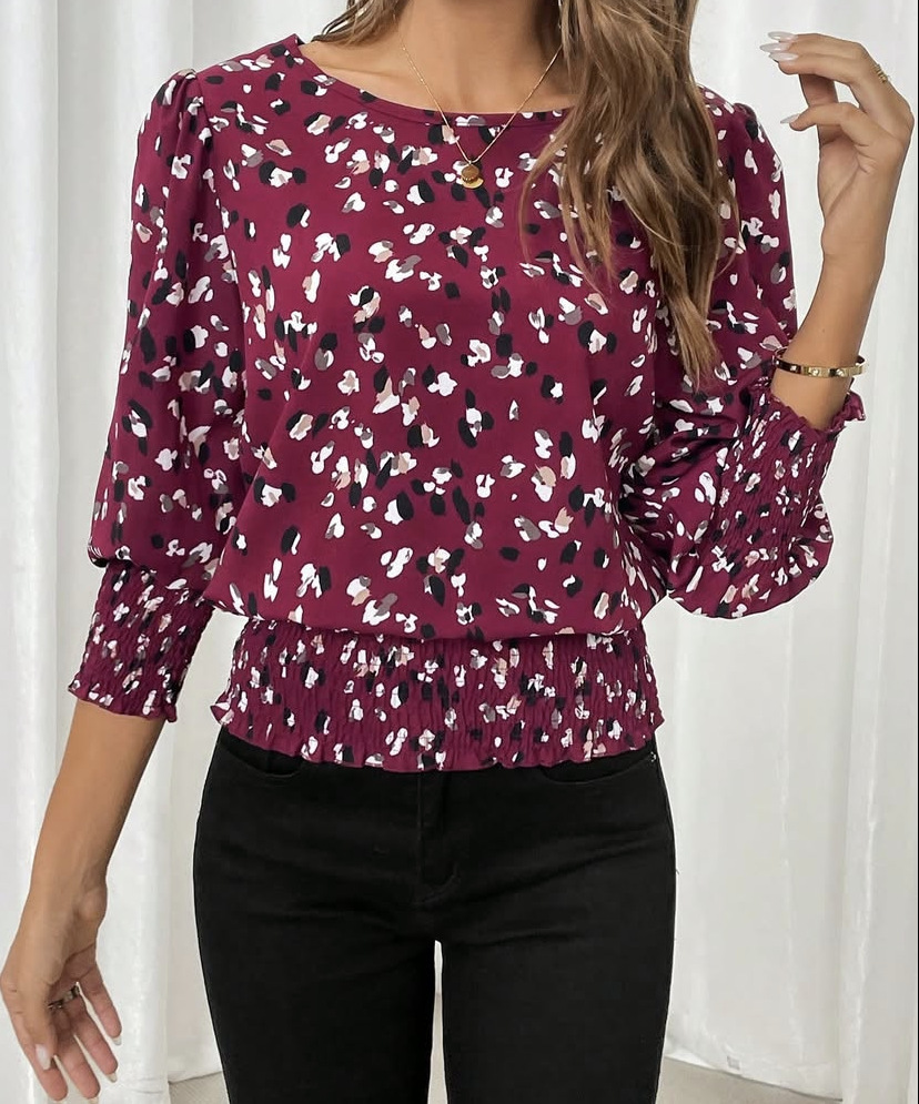 Crew Neck Three Quarter Sleeve Leopard Regular Loose Blouse For Women