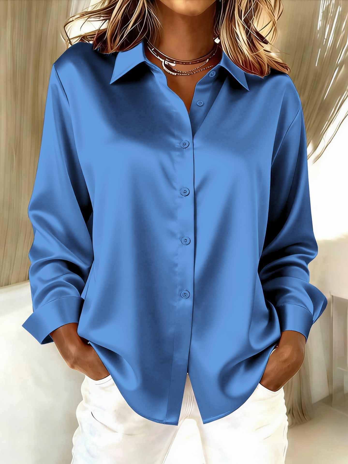 Shawl Collar Long Sleeve Plain Split Joint Regular Micro-Elasticity Loose Button Up Shirt Shirt For Women