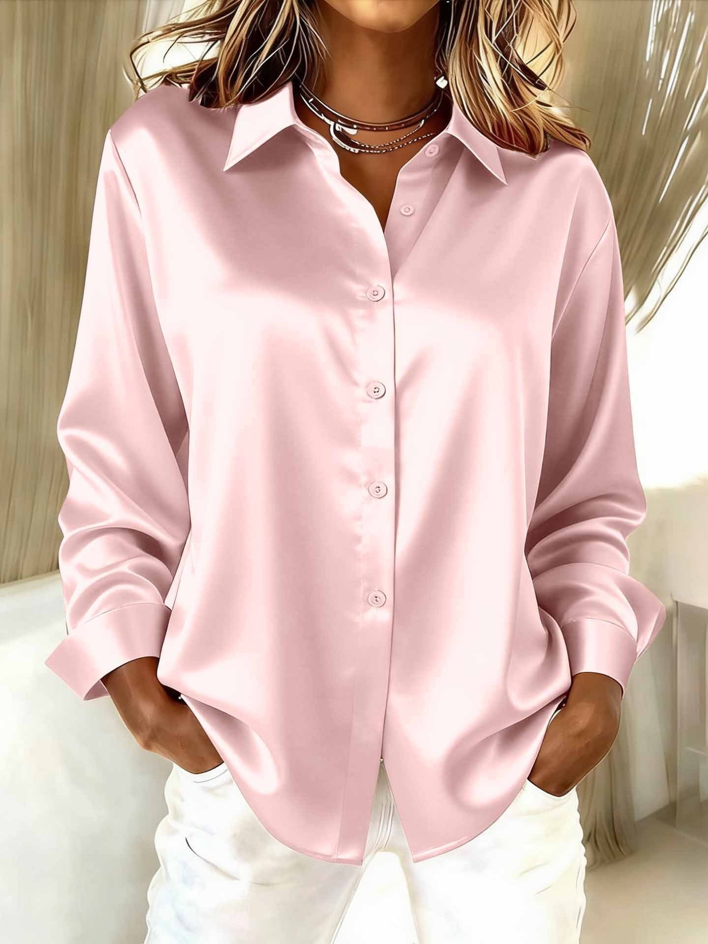 Shawl Collar Long Sleeve Plain Split Joint Regular Micro-Elasticity Loose Button Up Shirt Shirt For Women