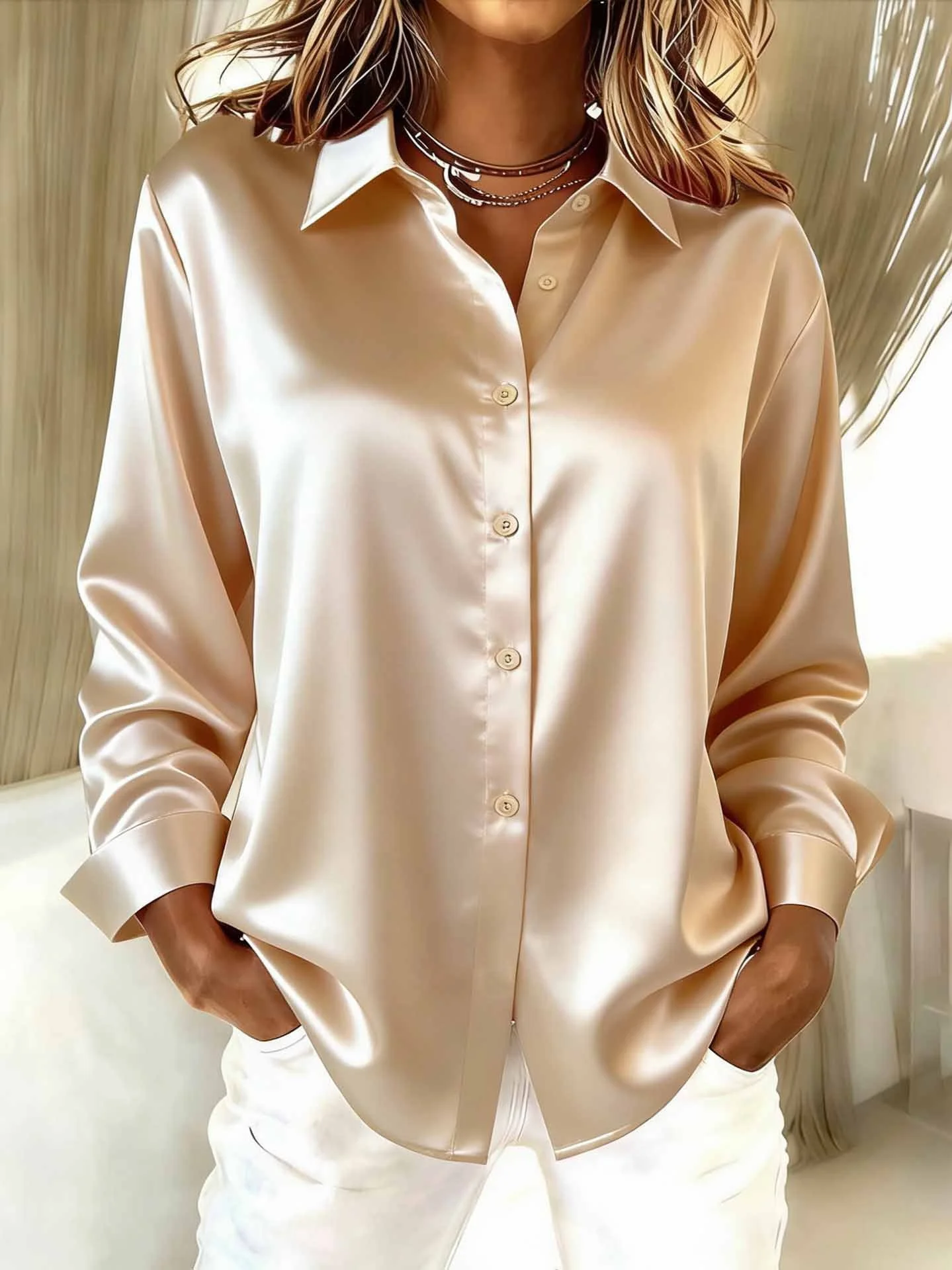 Shawl Collar Long Sleeve Plain Split Joint Regular Micro-Elasticity Loose Button Up Shirt Shirt For Women