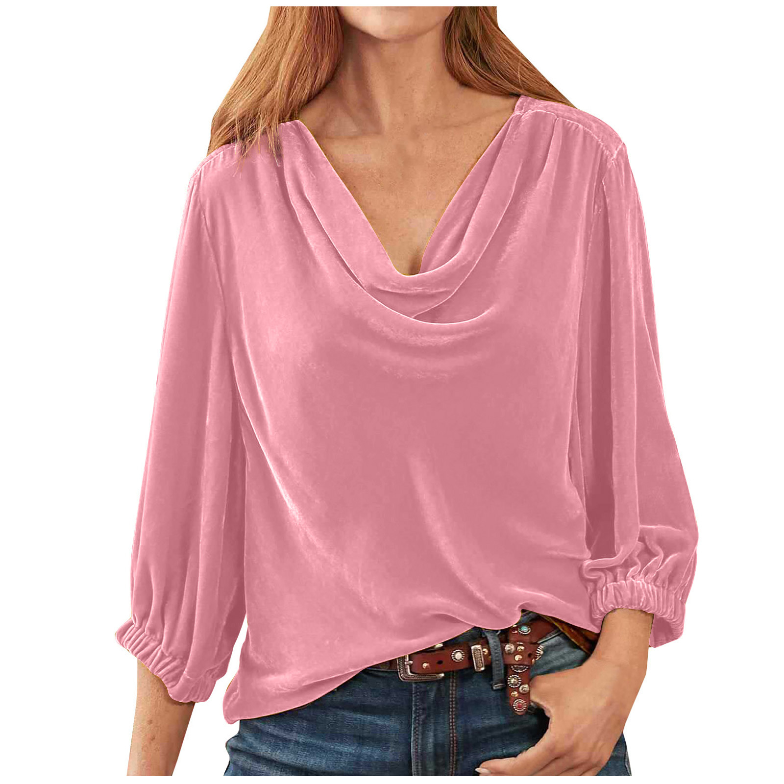Cowl Neck Three Quarter Sleeve Plain Regular Loose Blouse For Women