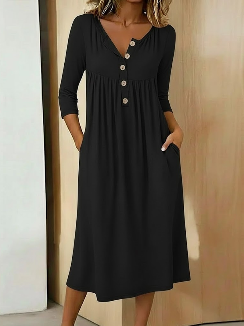 Women Plain Summer Dress Half Open Collar Half Sleeve A-Line Dress