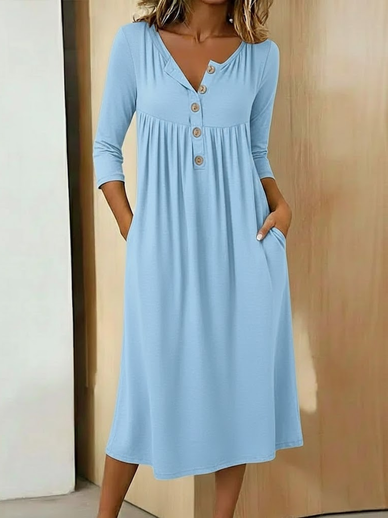 Women Plain Summer Dress Half Open Collar Half Sleeve A-Line Dress
