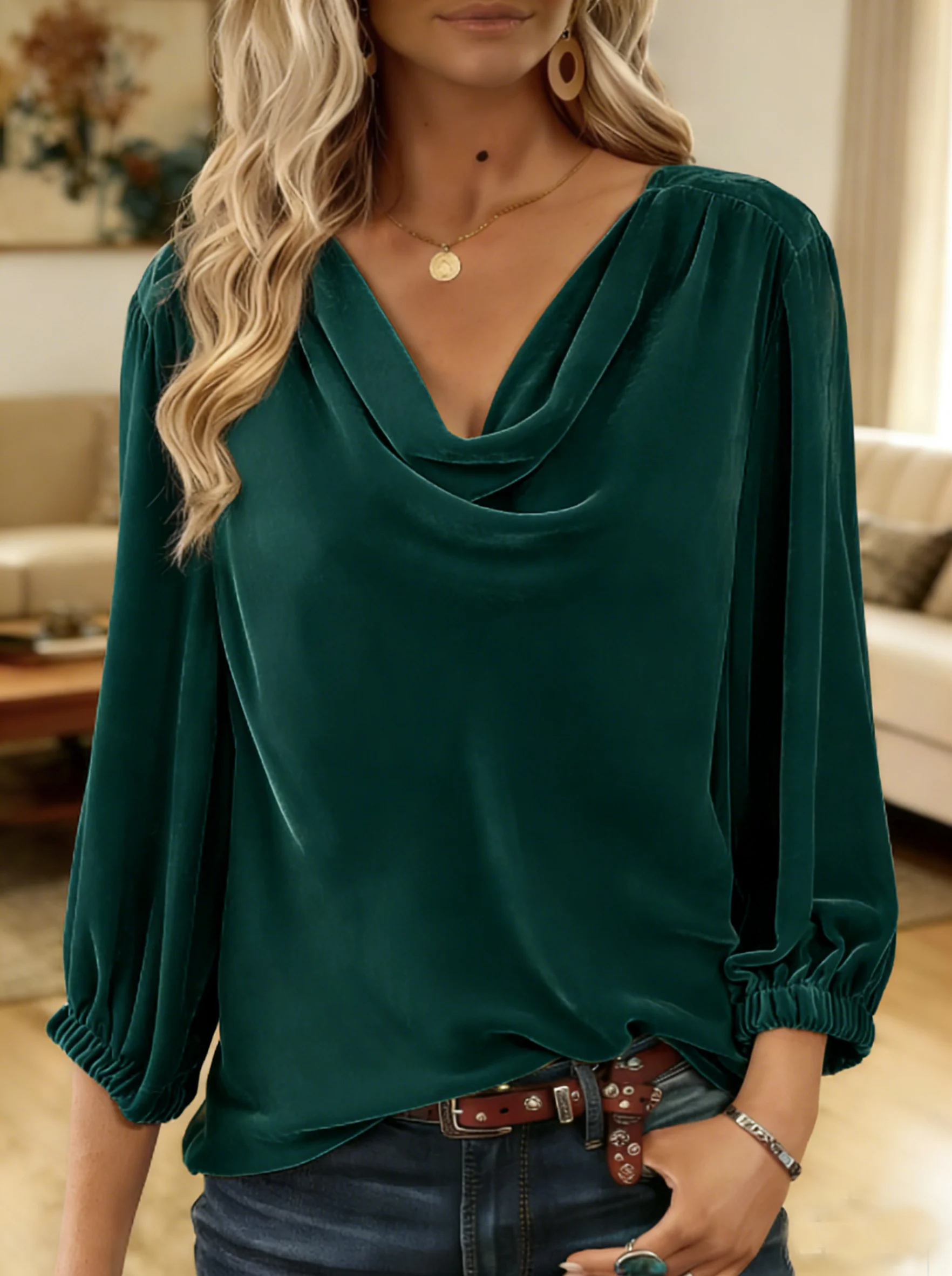 Cowl Neck Three Quarter Sleeve Plain Regular Loose Blouse For Women