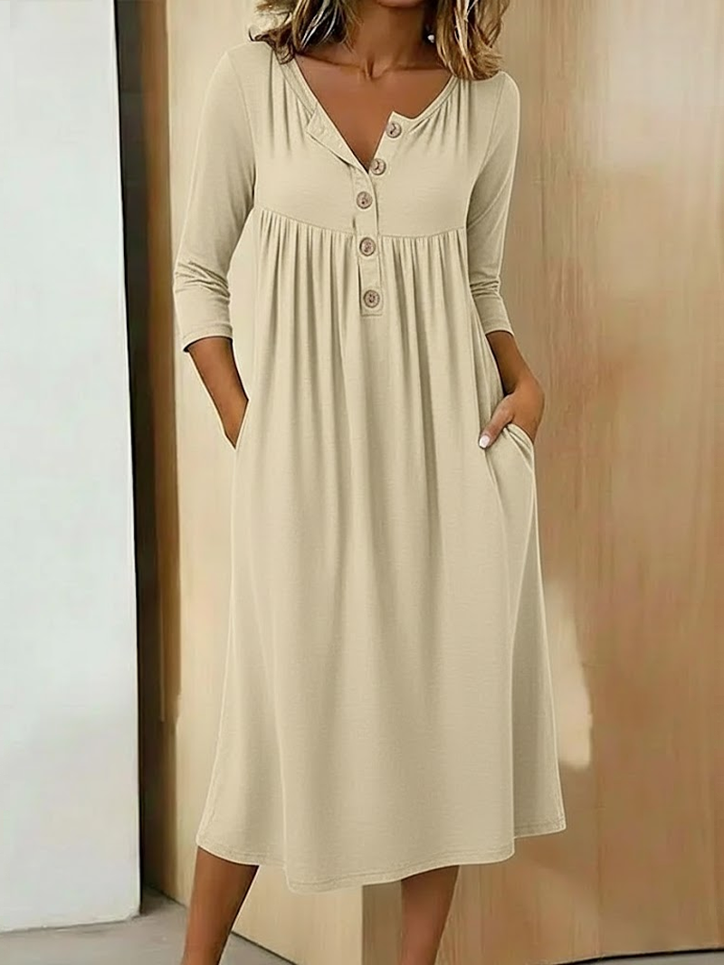 Women Plain Summer Dress Half Open Collar Half Sleeve A-Line Dress