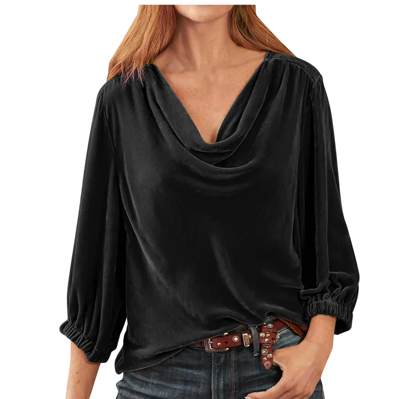 Cowl Neck Three Quarter Sleeve Plain Regular Loose Blouse For Women