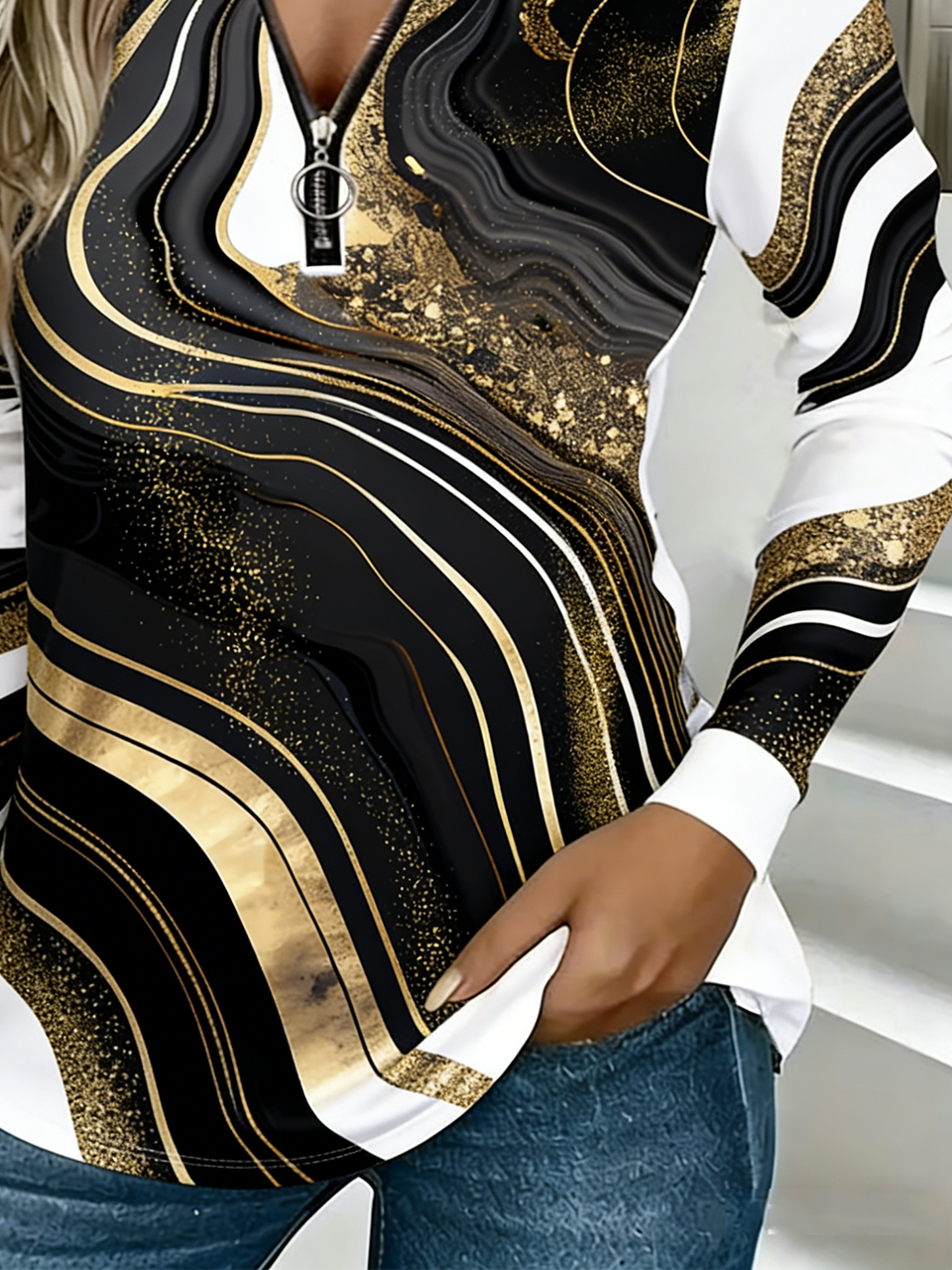 Vintage Chevron V Neck Long Sleeve T-shirt