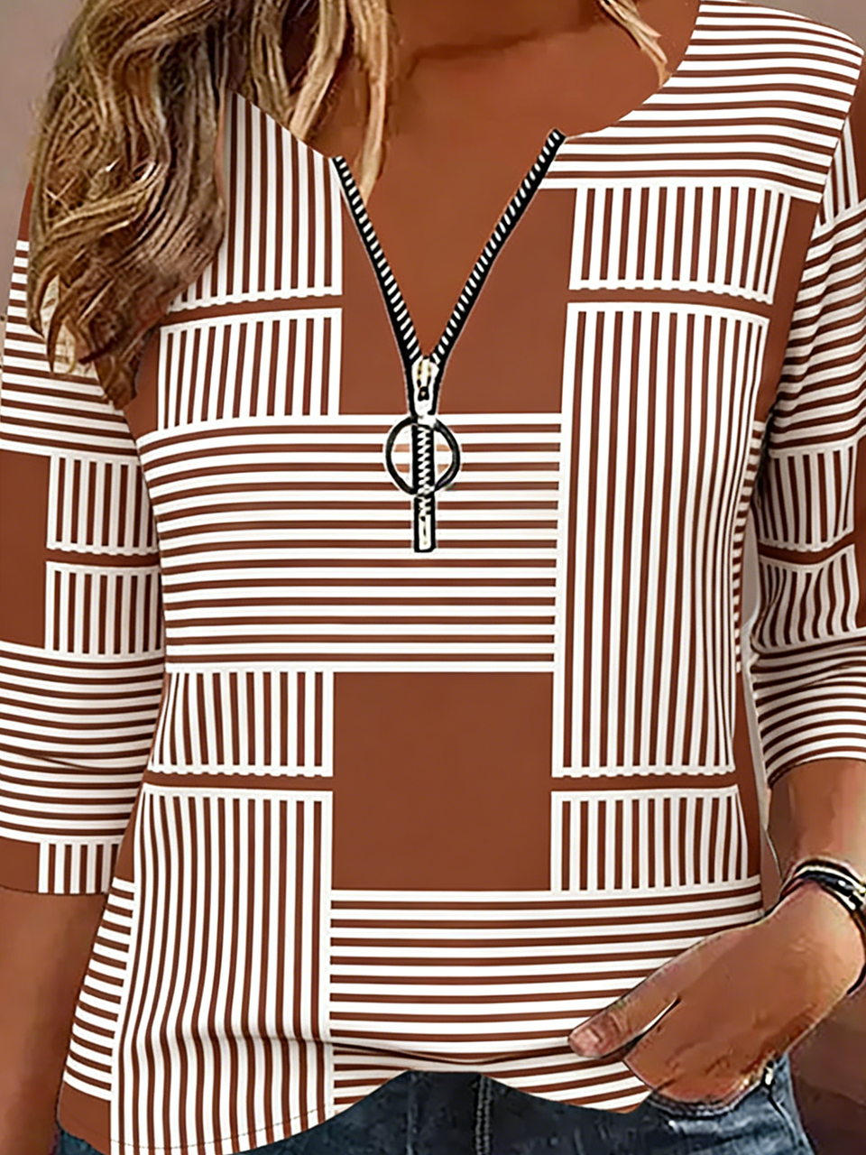 Vintage Geometric V Neck Long Sleeve T-shirt