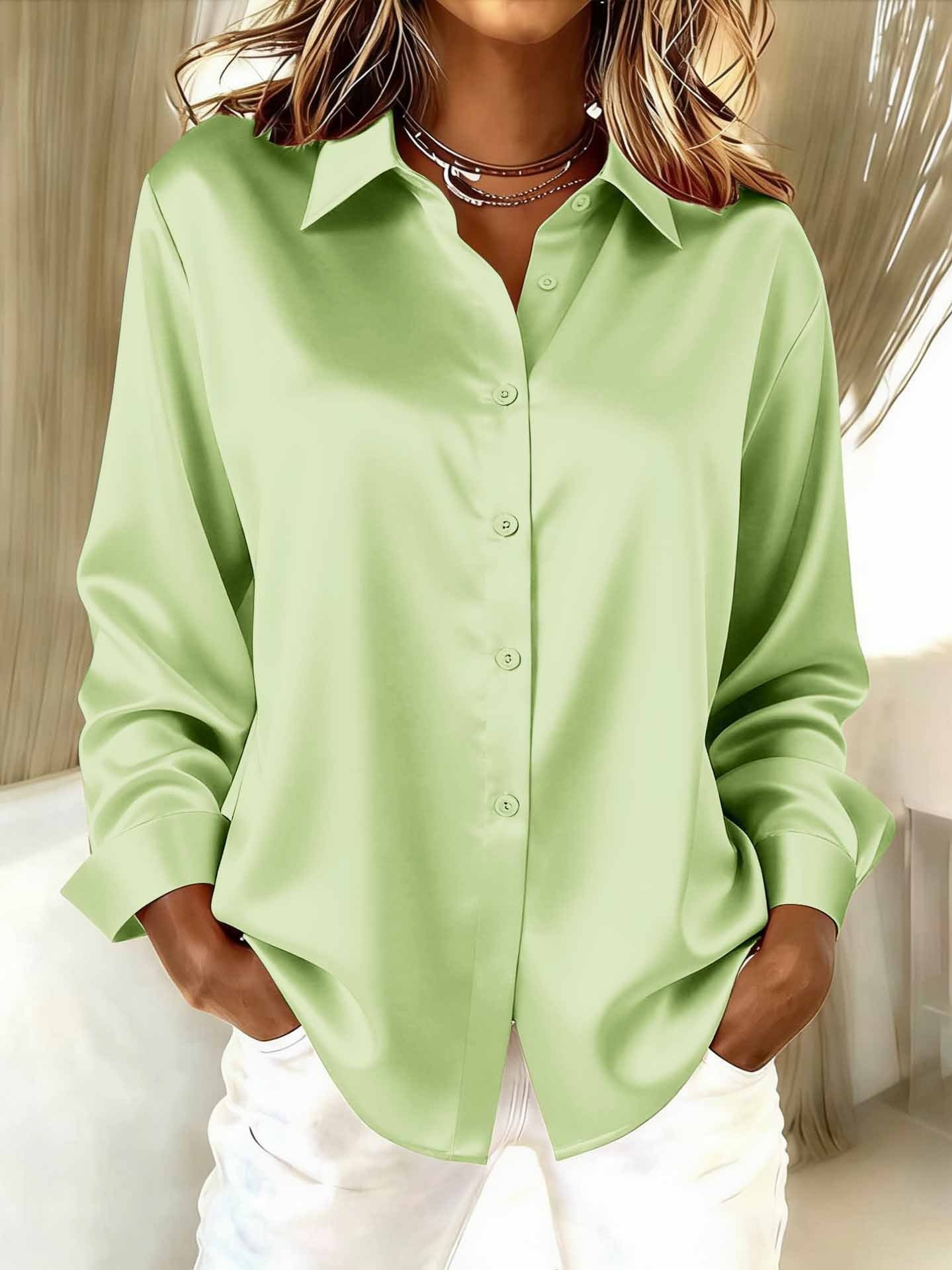Shawl Collar Long Sleeve Plain Split Joint Regular Micro-Elasticity Loose Button Up Shirt Shirt For Women