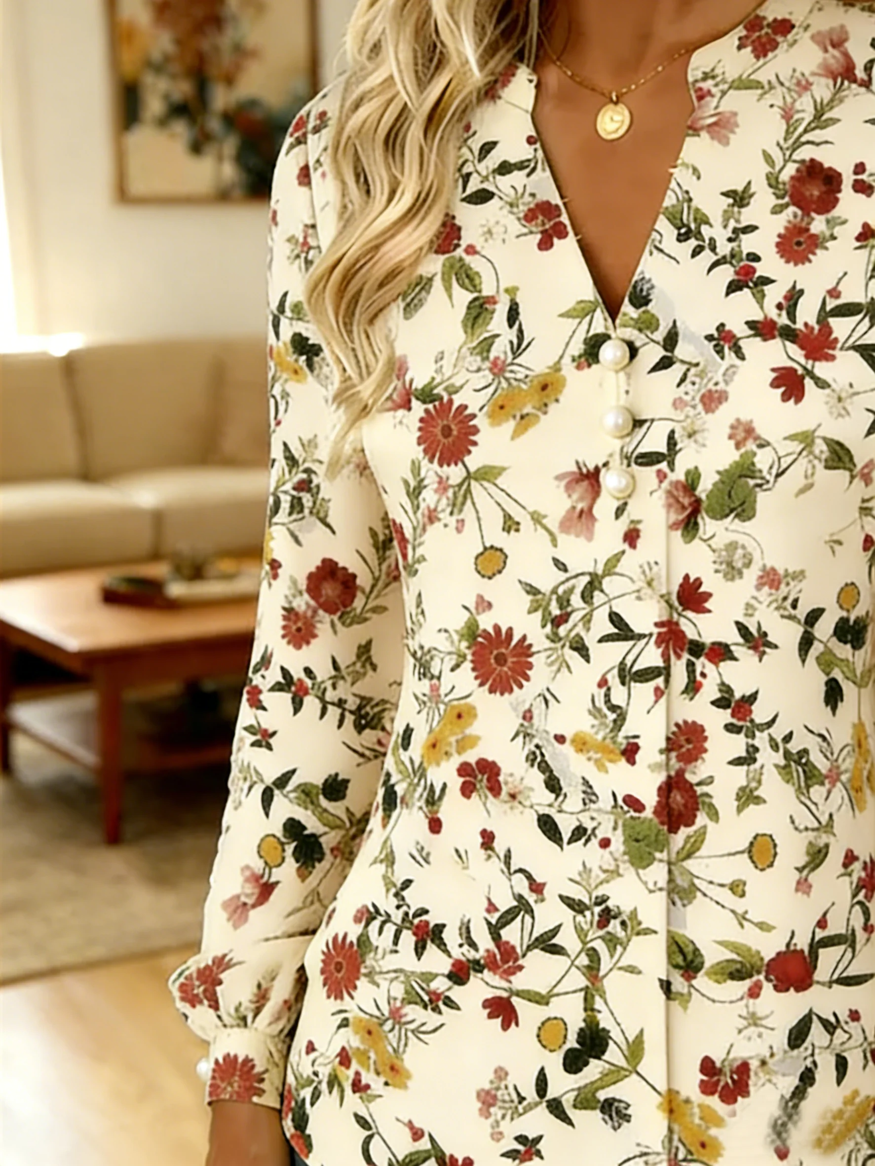 V Neck Long Sleeve Floral Pattern Regular Regular Fit Shirt For Women