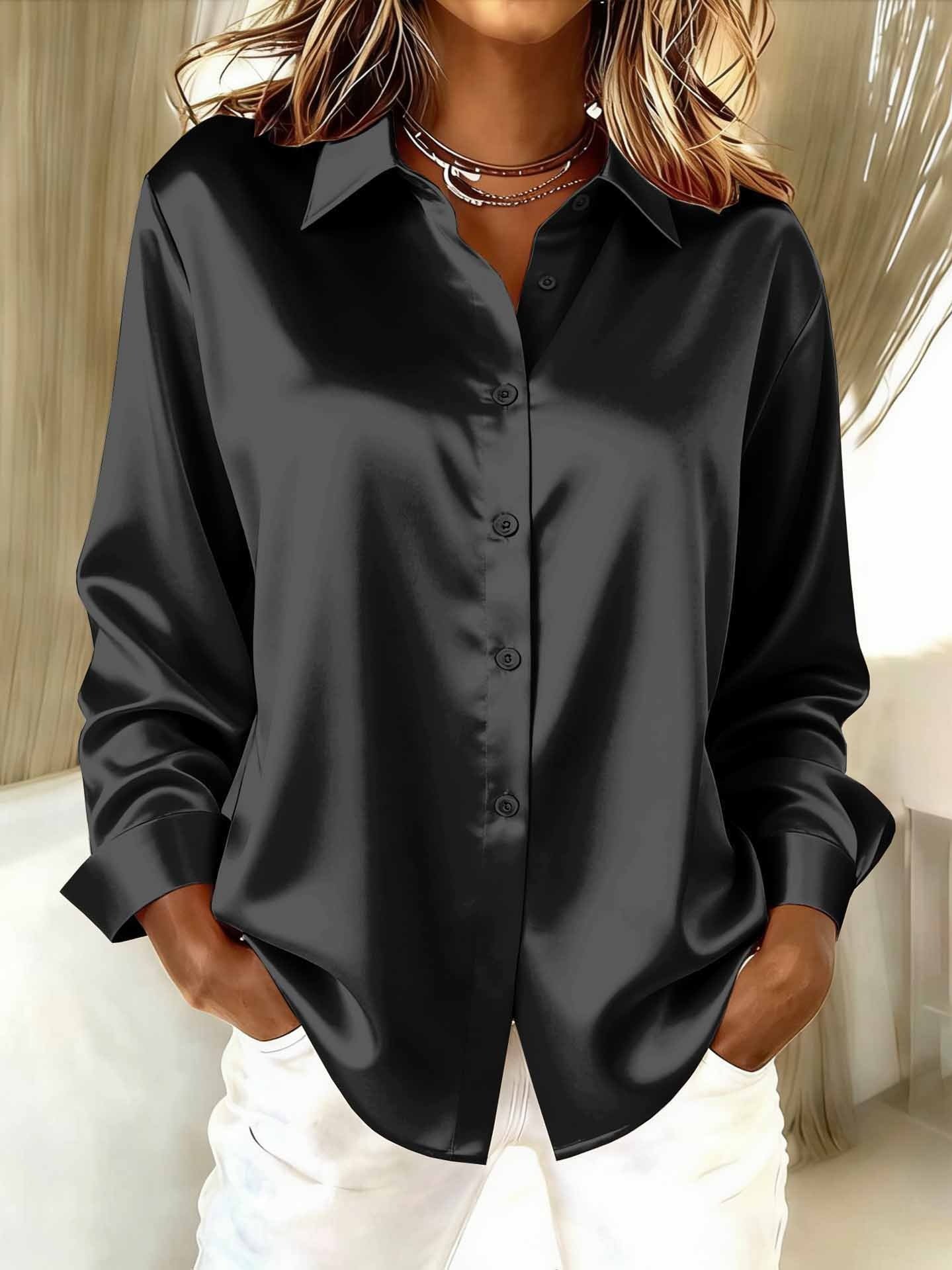 Shawl Collar Long Sleeve Plain Split Joint Regular Micro-Elasticity Loose Button Up Shirt Shirt For Women