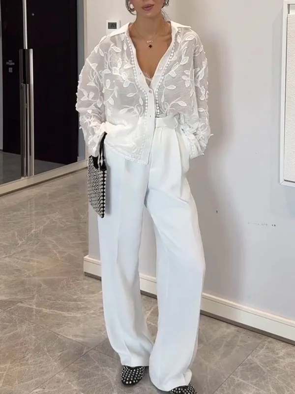 Shawl Collar Long Sleeve Embroidery Patterns Regular Loose Shirt For Women