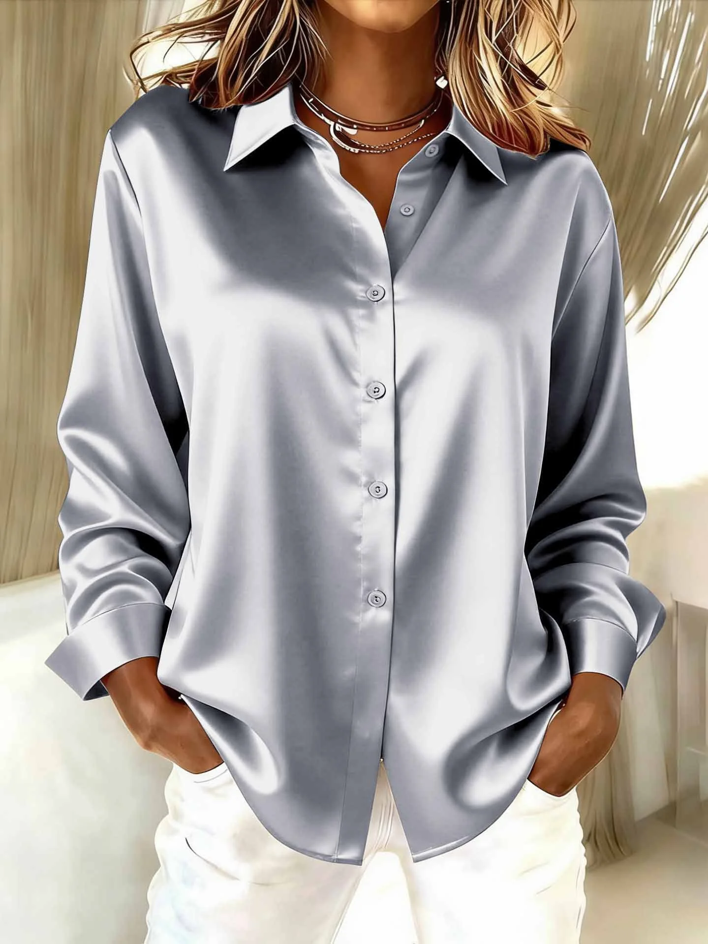 Shawl Collar Long Sleeve Plain Split Joint Regular Micro-Elasticity Loose Button Up Shirt Shirt For Women
