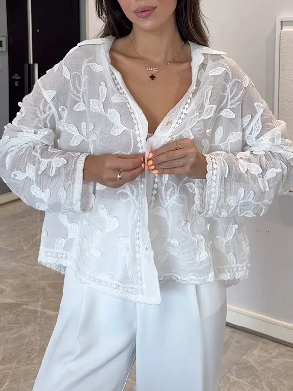 Shawl Collar Long Sleeve Embroidery Patterns Regular Loose Shirt For Women