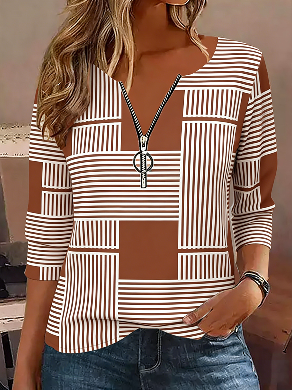 Vintage Geometric V Neck Long Sleeve T-shirt