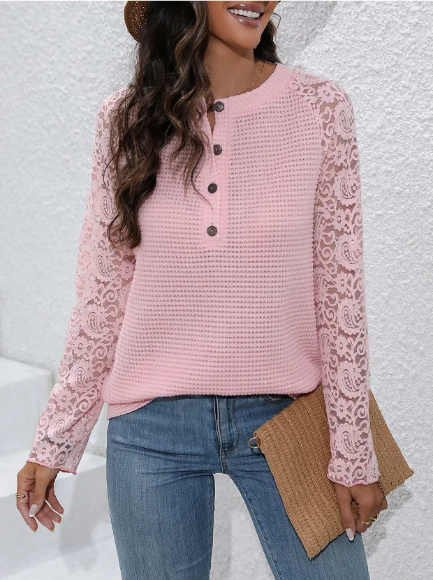 Crew Neck Long Sleeve Plain Regular Loose Blouse For Women