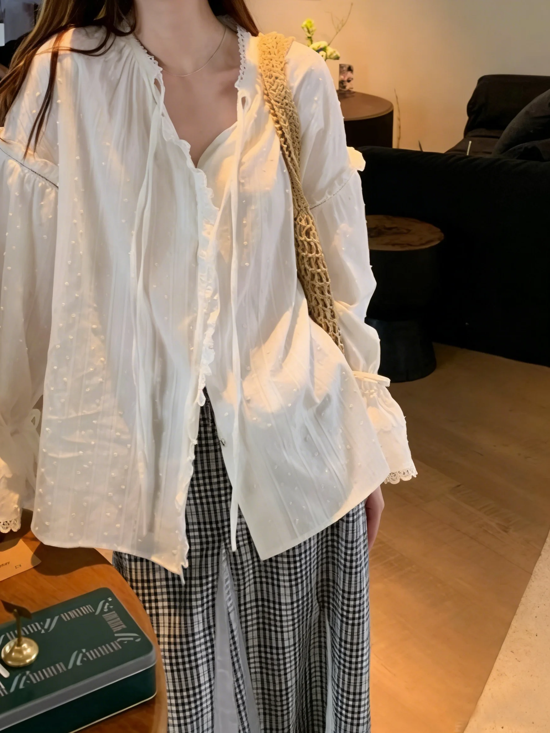 Crew Neck Long Sleeve Plain Regular Loose Blouse For Women