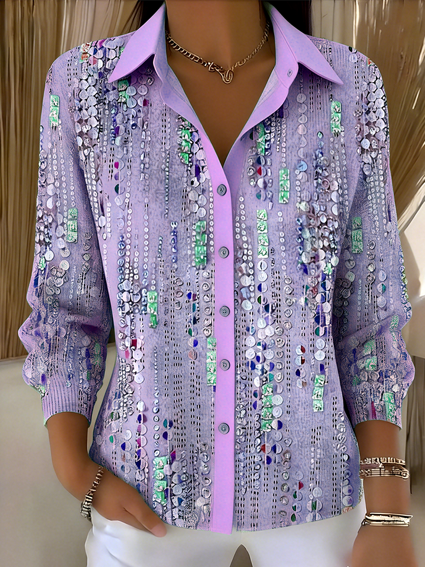 Shirt Collar Long Sleeve Gradient Pattern Regular Loose Shirt For Women ...