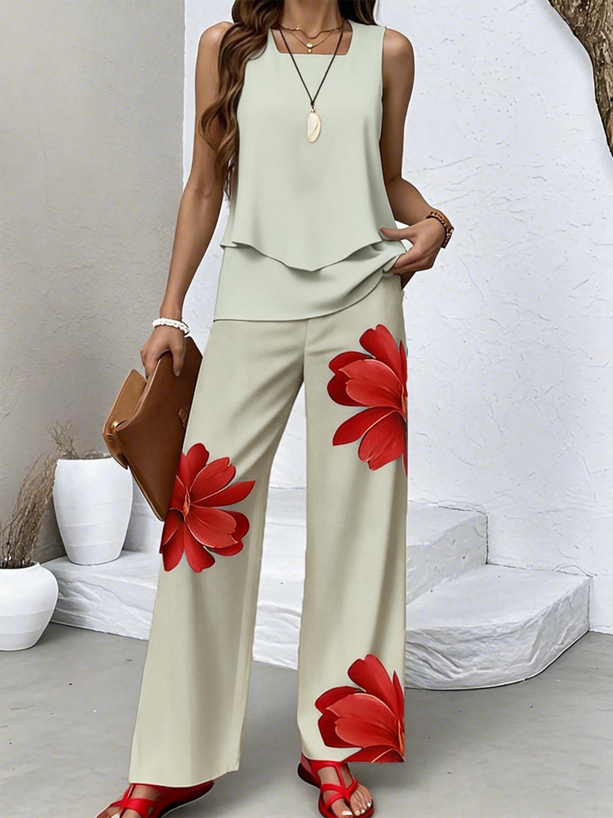 Women Floral Two-Piece Set Daily Sleeveless Casual Summer Top With ...