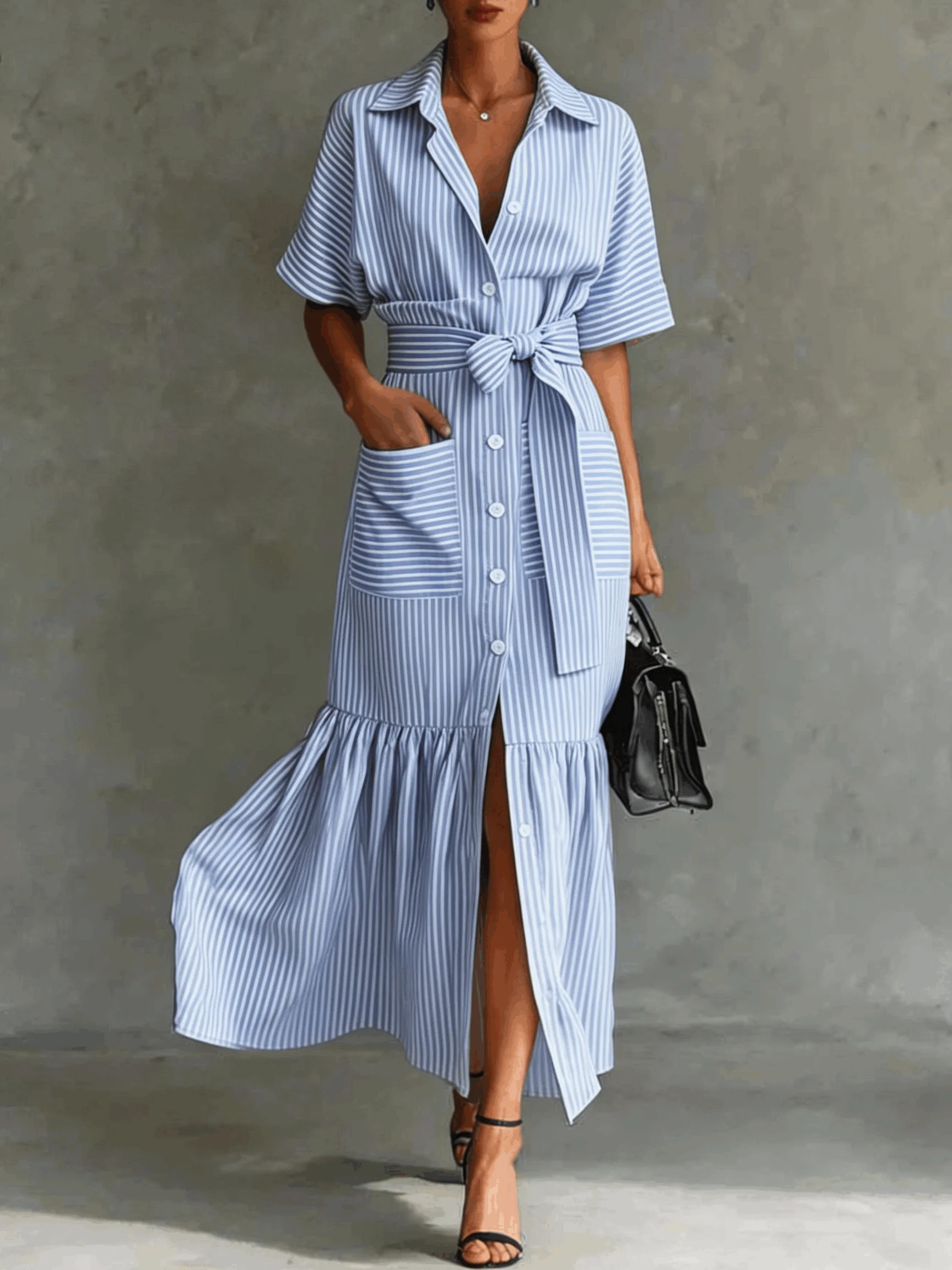 Women Striped Summer Dress V Neck Short Sleeve Shirt Dress A-Line Dress ...