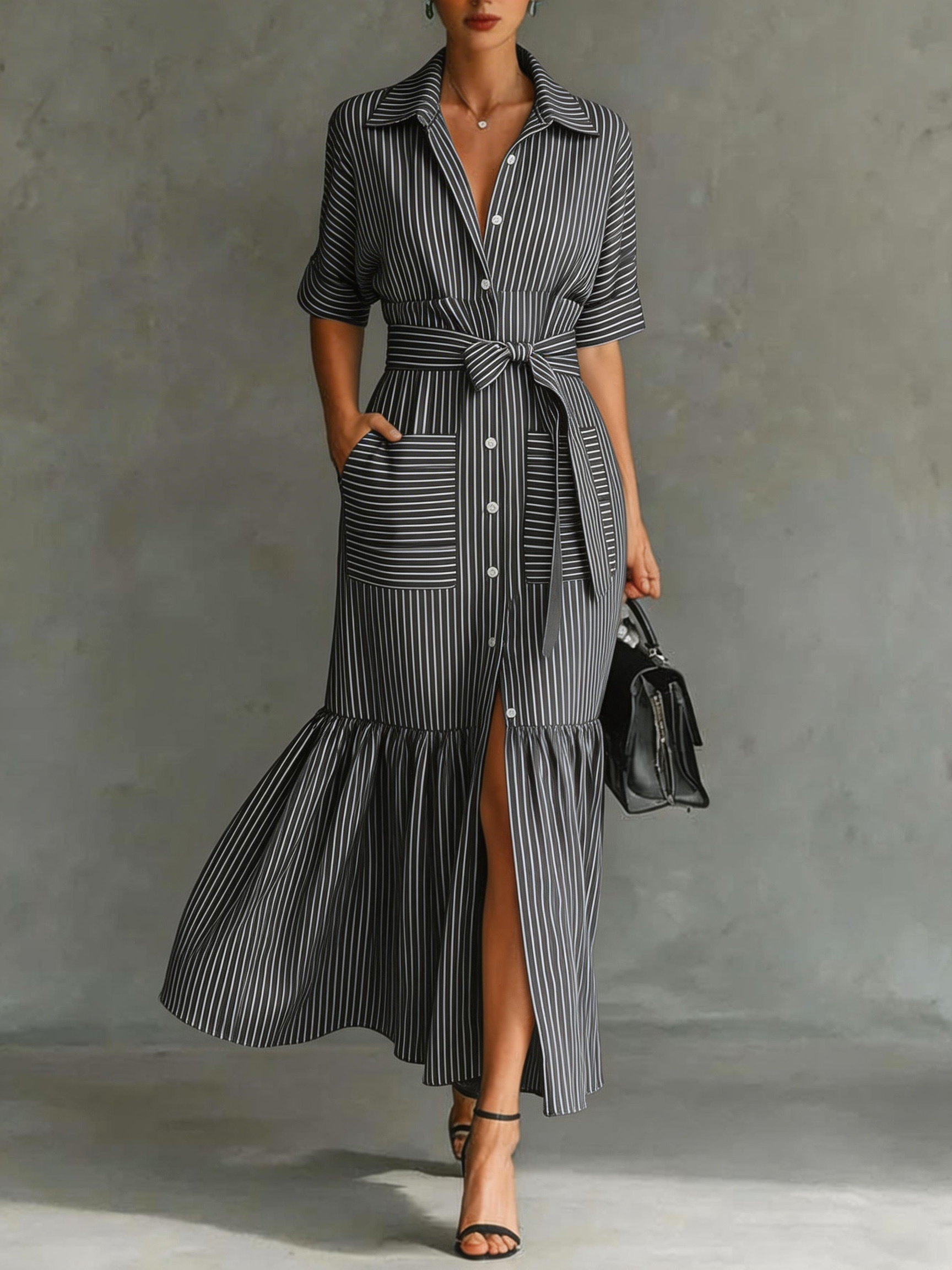 Women Striped Summer Dress V Neck Short Sleeve Shirt Dress A-Line Dress ...
