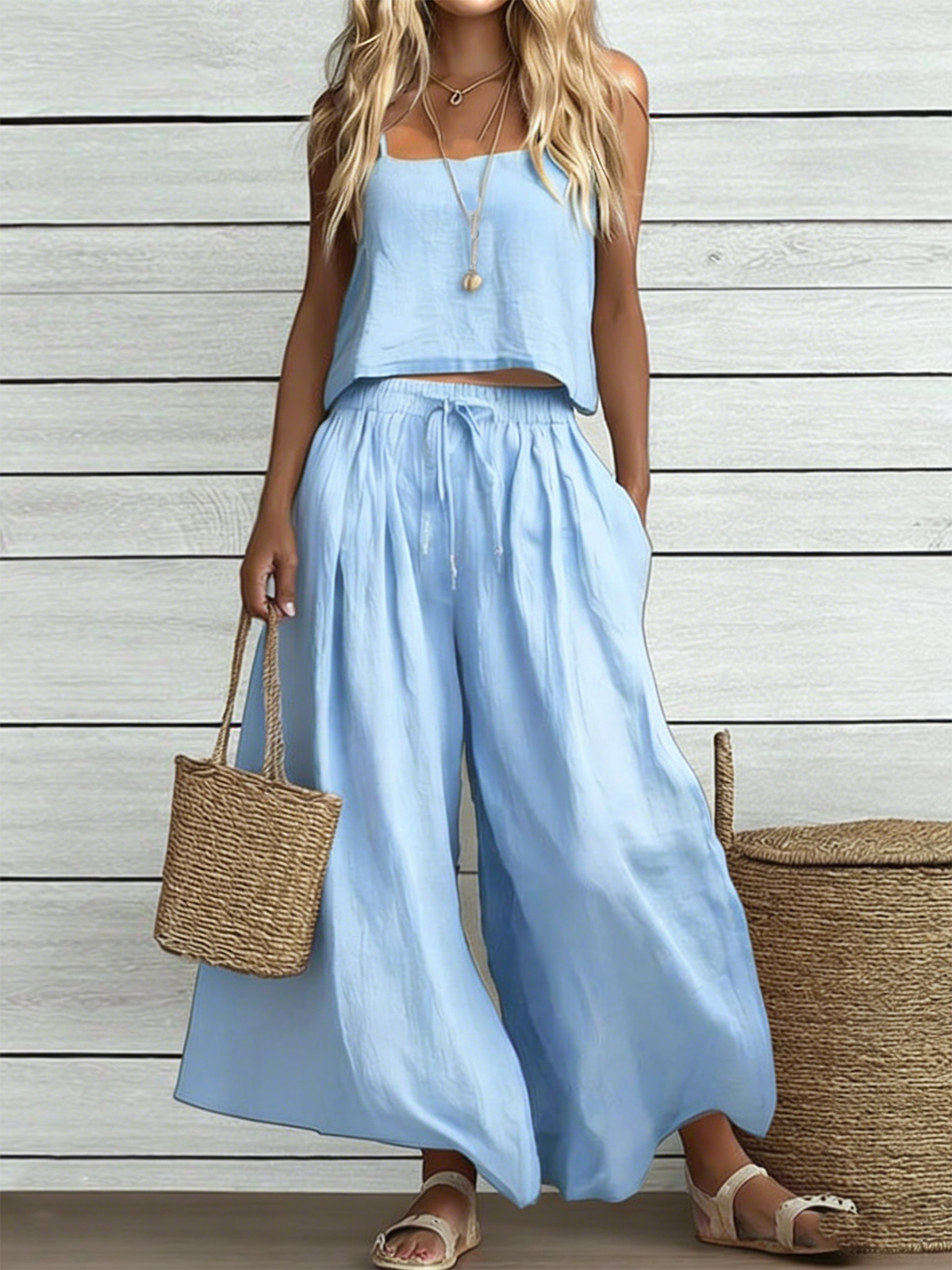 Women Plain Two-Piece Set Daily Sleeveless Vintage Summer Top With ...