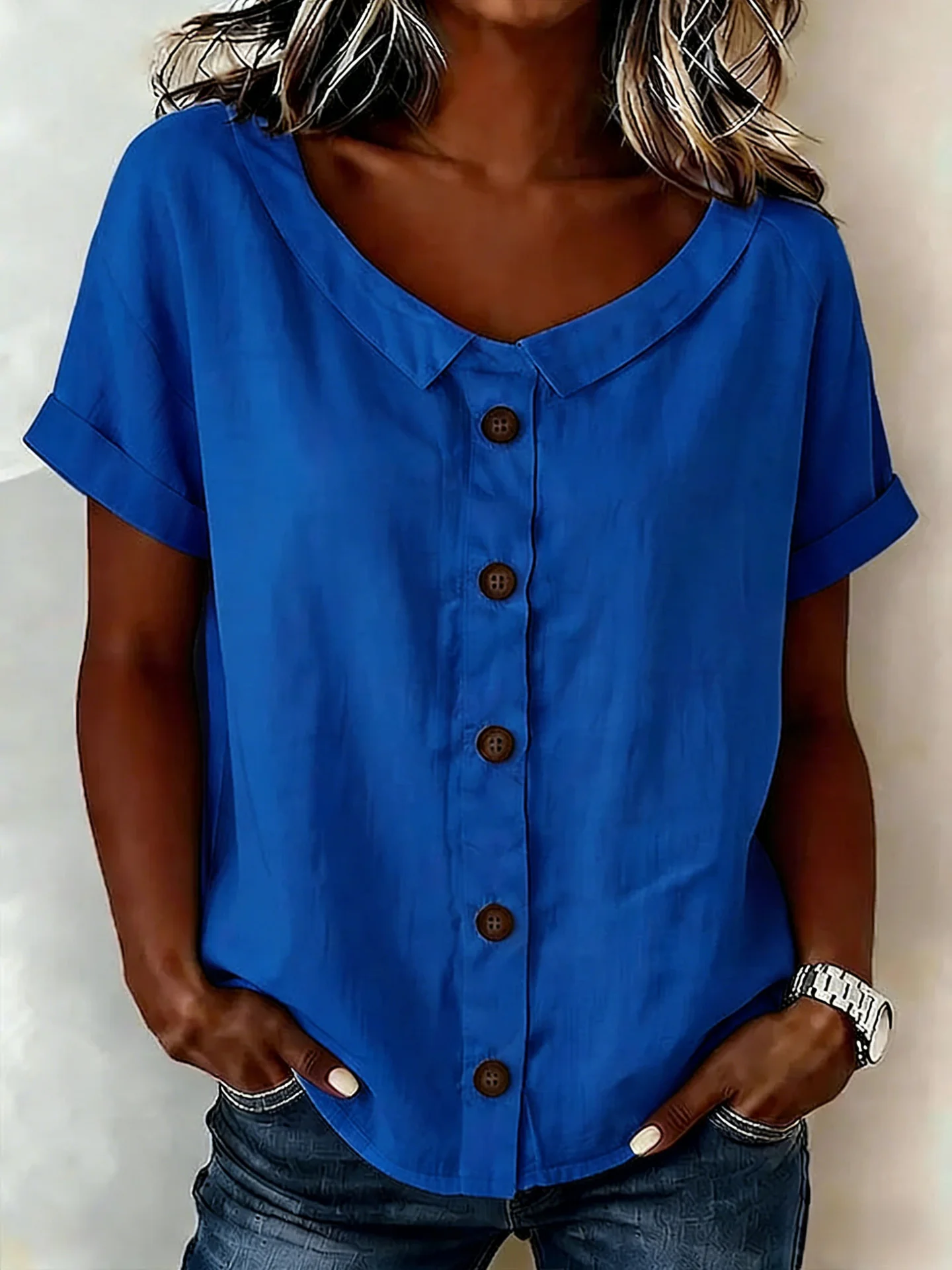 Crew Neck Short Sleeve Plain Regular Loose Shirt For Women | noracora