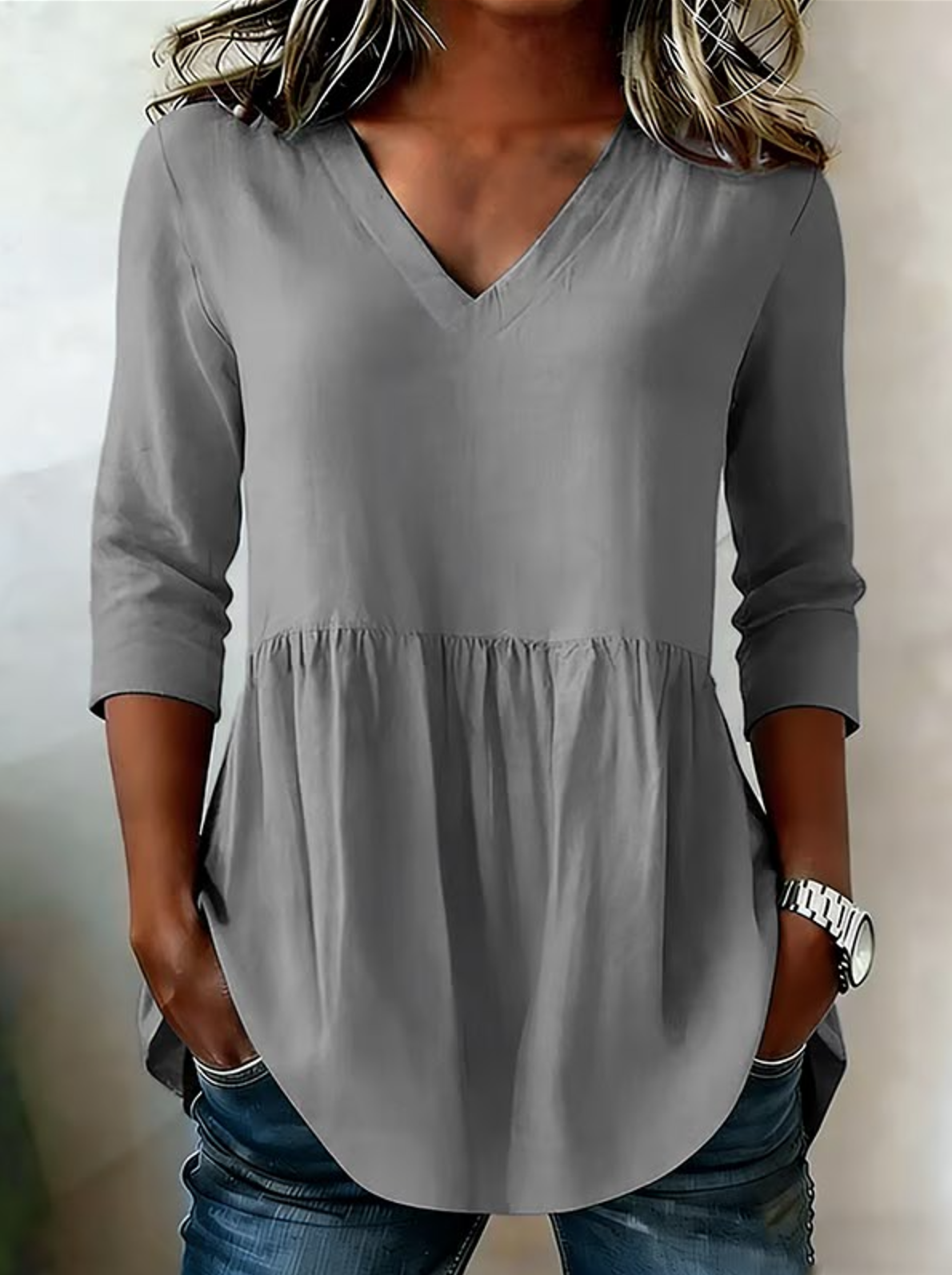 V Neck Long Sleeve Plain Regular Loose Shirt For Women | noracora