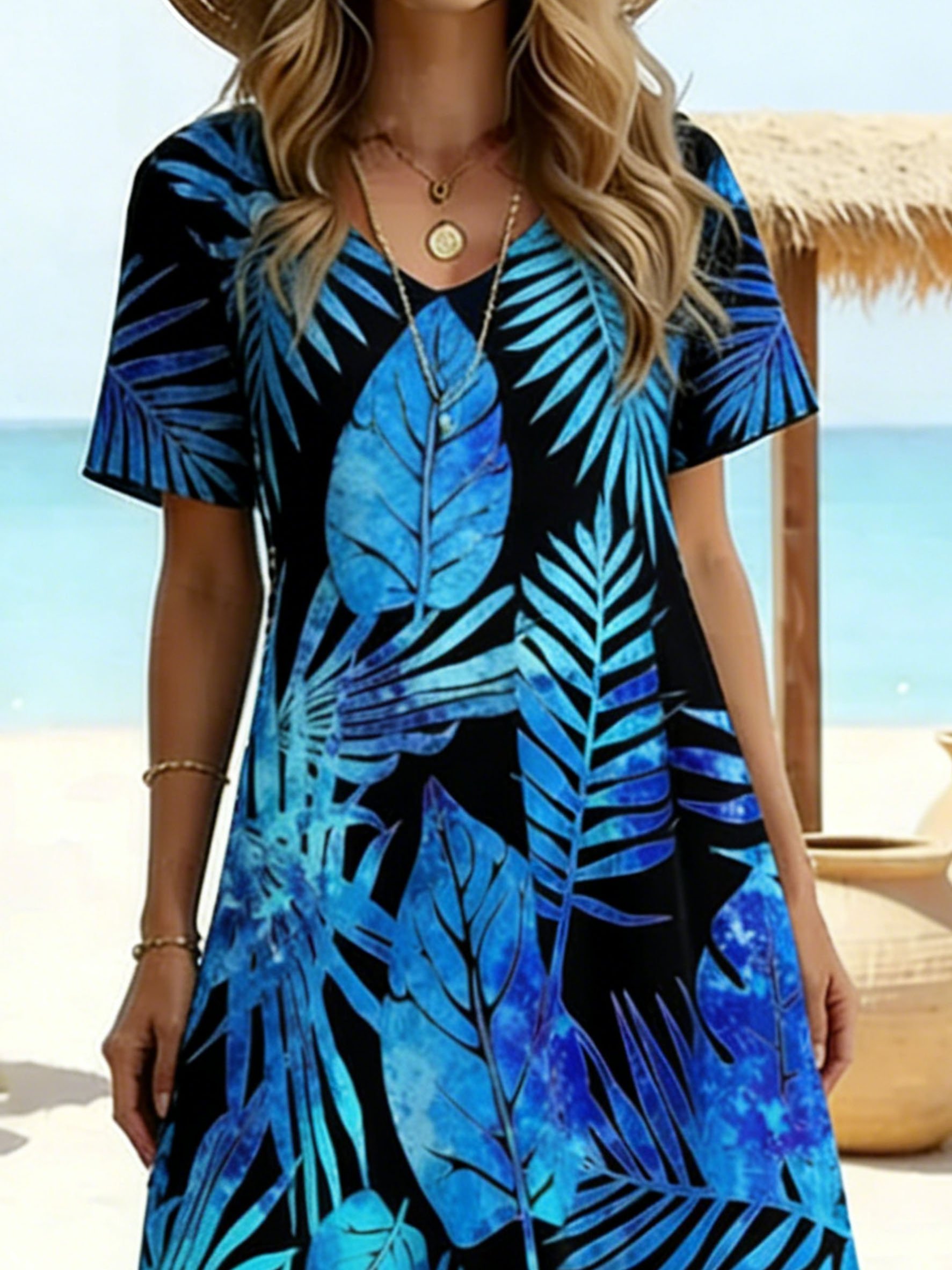 Women Tropical Summer Dress V Neck Short Sleeve T-Shirt Dress A-Line ...
