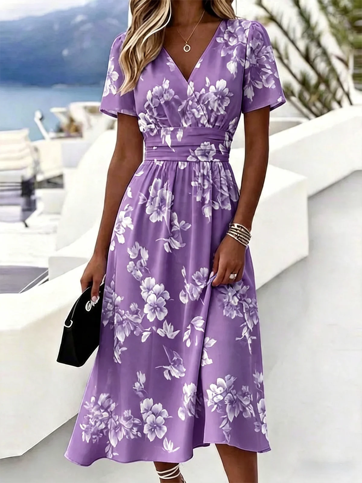 chiffon evening dress Howaii Print Chiffon Formal Dress Ruffled Layers Prom Gown Criss-Cross Straps Prom Dress ARD3095