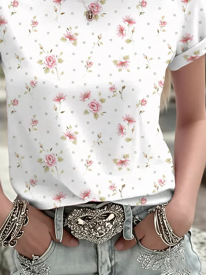 Casual Floral Crew Neck Short Sleeve T-shirt