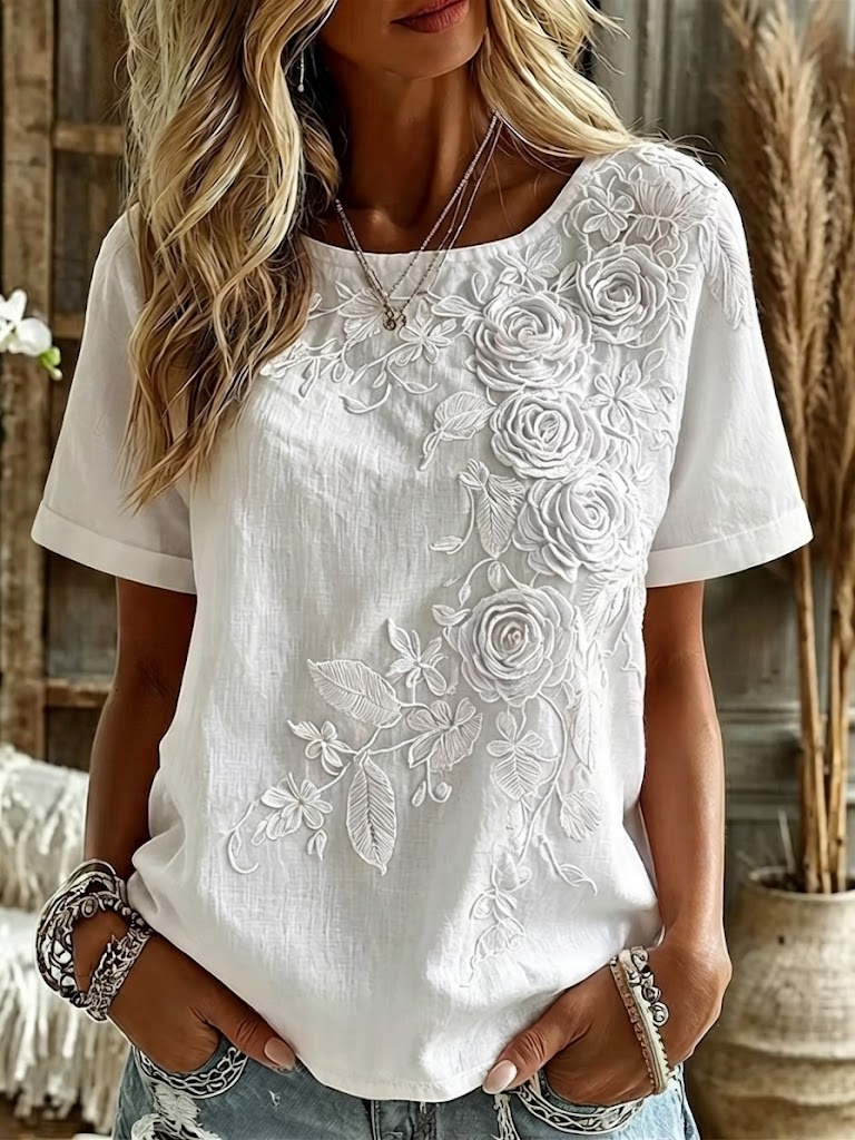 Casual Floral Crew Neck Short Sleeve T-shirt