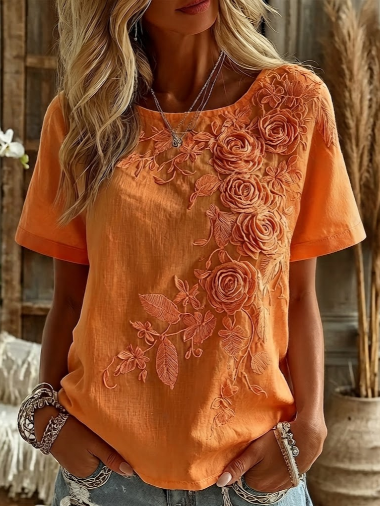 Casual Floral Crew Neck Short Sleeve T-shirt