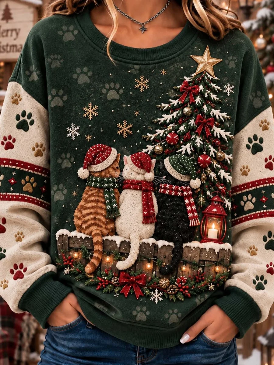 Vintage Christmas Crew Neck Long Sleeve Sweatshirt | noracora