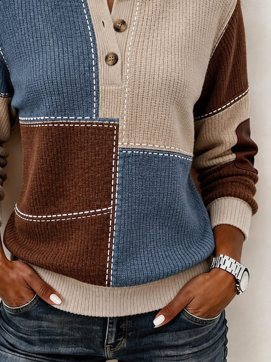 Vintage Abstract Henley Collar Long Sleeve Sweatshirt | noracora