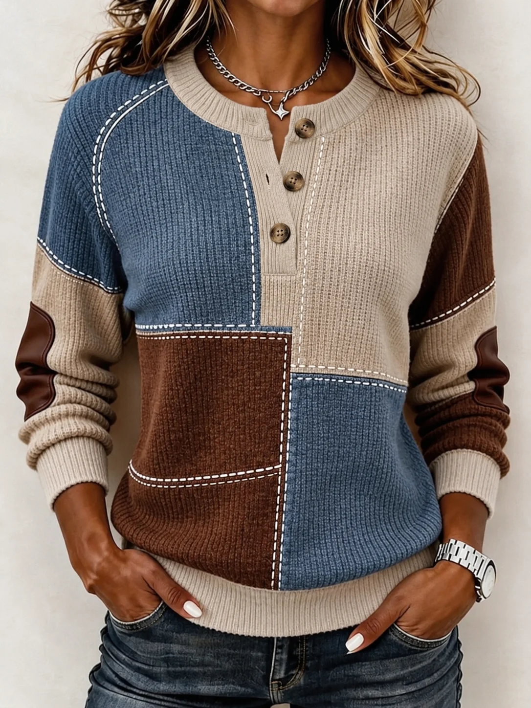 Vintage Abstract Henley Collar Long Sleeve Sweatshirt | noracora