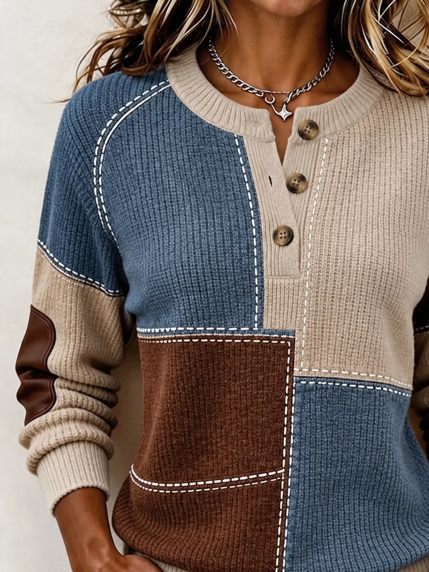 Vintage Abstract Henley Collar Long Sleeve Sweatshirt | noracora