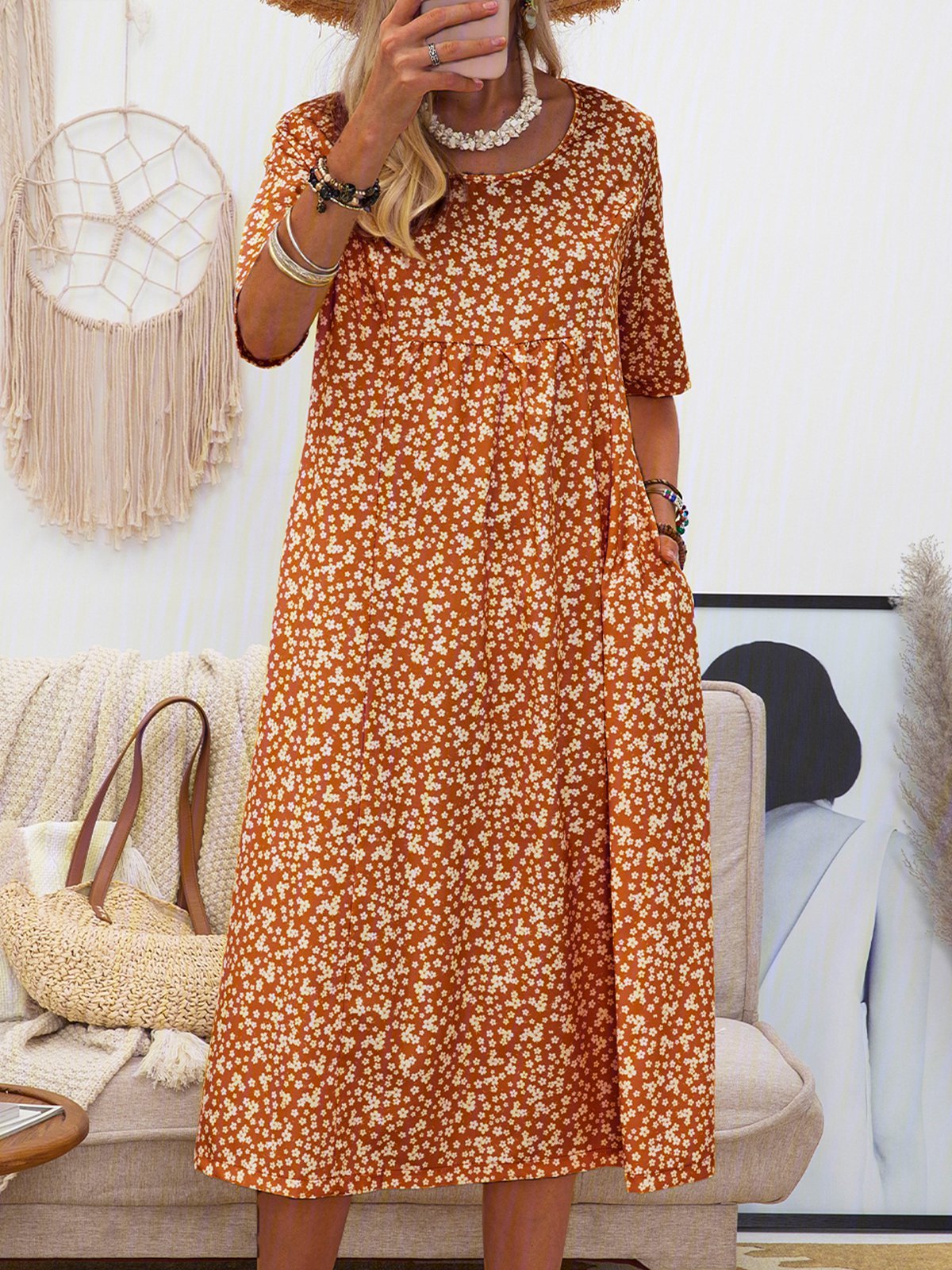 Women Short Sleeve Round Neck Floral-Print Causal Midi Dress