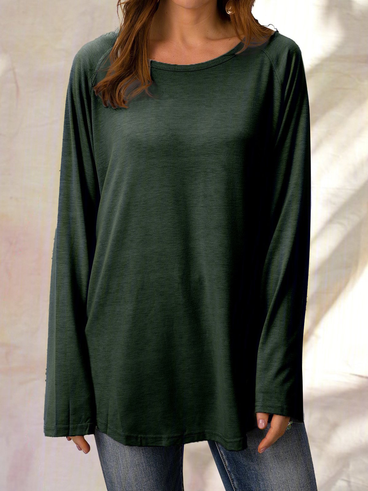 Solid Raglan Sleeve Crew Neck Casual Loose Tunic Top