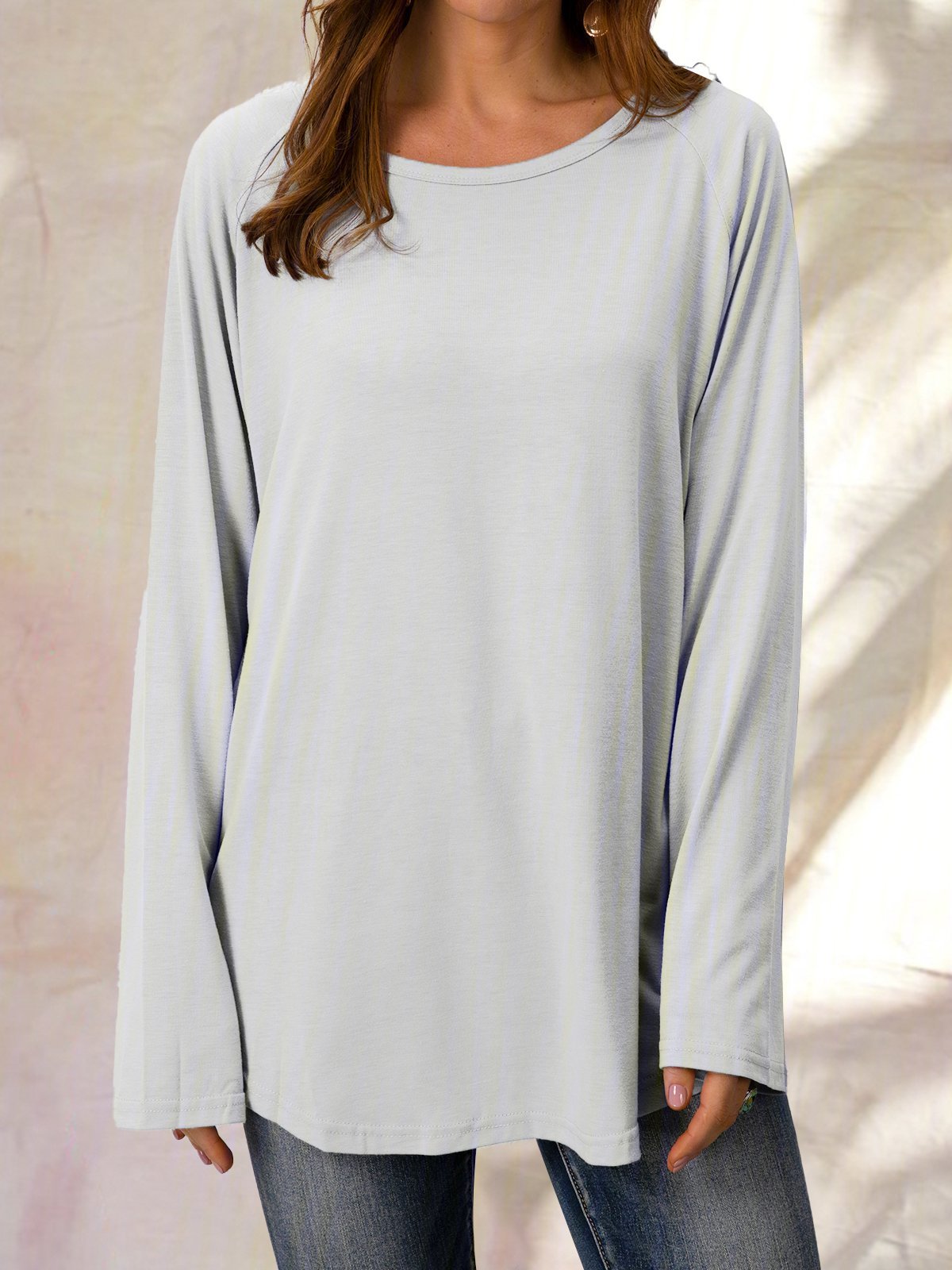 Solid Raglan Sleeve Crew Neck Casual Loose Tunic Top