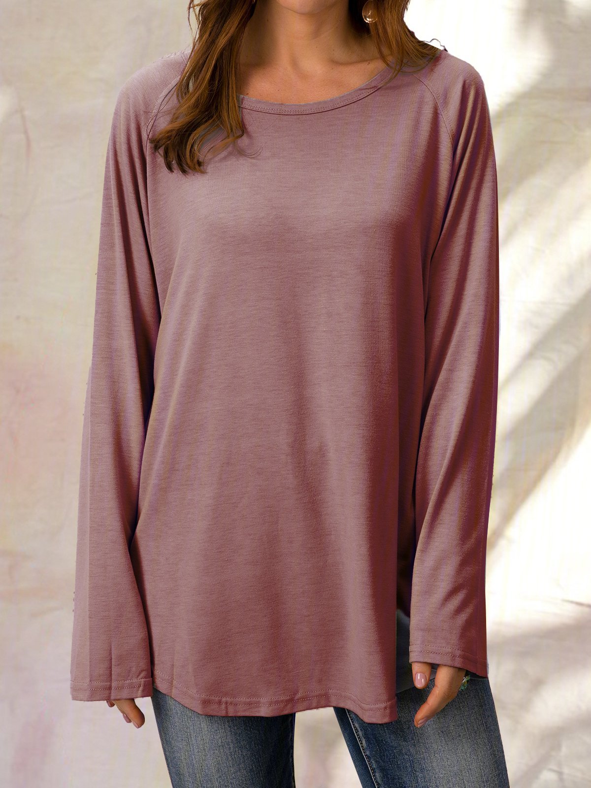 Solid Raglan Sleeve Crew Neck Casual Loose Tunic Top